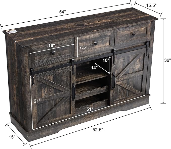 Kmax Farmhouse Wine Bar Cabinet w, 54” Buffet Cabinet with Storage, Rustic White Coffee Bar Cabinet with Sliding Barn Doors, Wine/Glass Rack for Living, Dining Room, Black