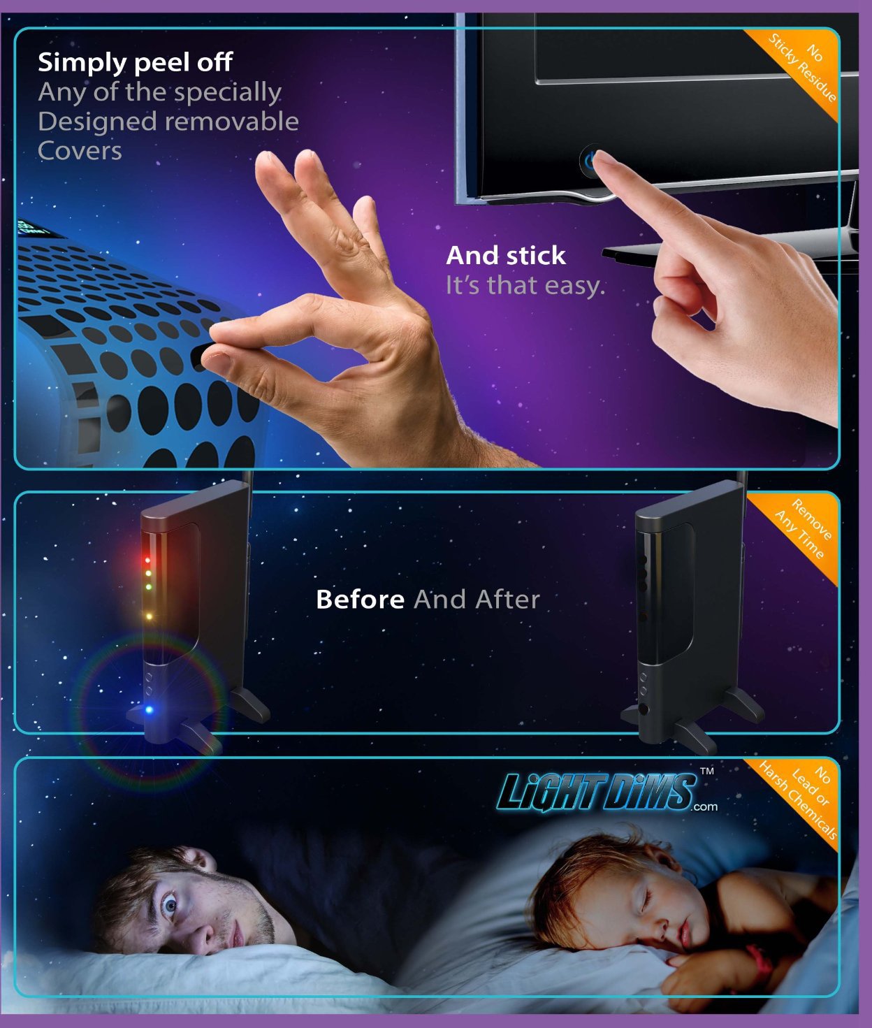 Light Dims Light Blocking Led Covers - Black, 1 Count, Model Ld010, Plastic, Blocks 100% Of Light