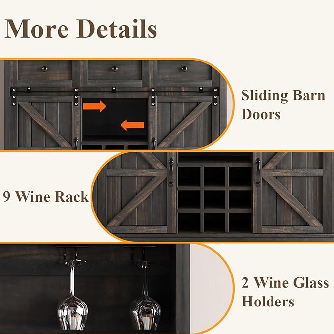 4 EVER WINNER 72" Coffee Bar Cabinet with Sliding Barn Door & Wine Racks, Hutch Cabinet with Storage and 3 Drawers, Farmhouse Coffee Bar with Wine Glass Holder for Dining Room Kitchen, Rustic Oak