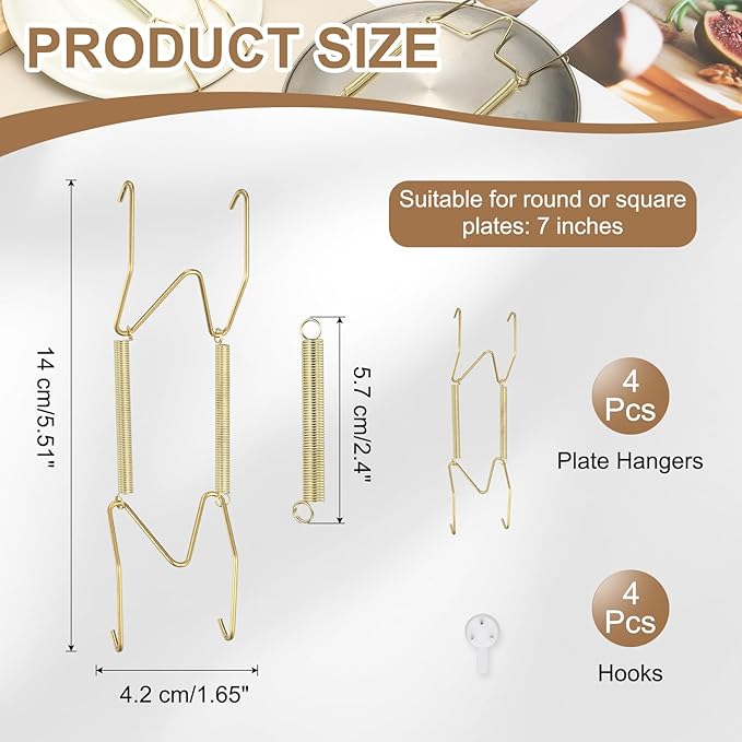 uxcell 4pcs Plate Hanger, 7 Inches Universal Stainless Steel Invisible Plate Hangers for The Wall W-Shaped Holder with Traceless Nail for Decorations, Golden