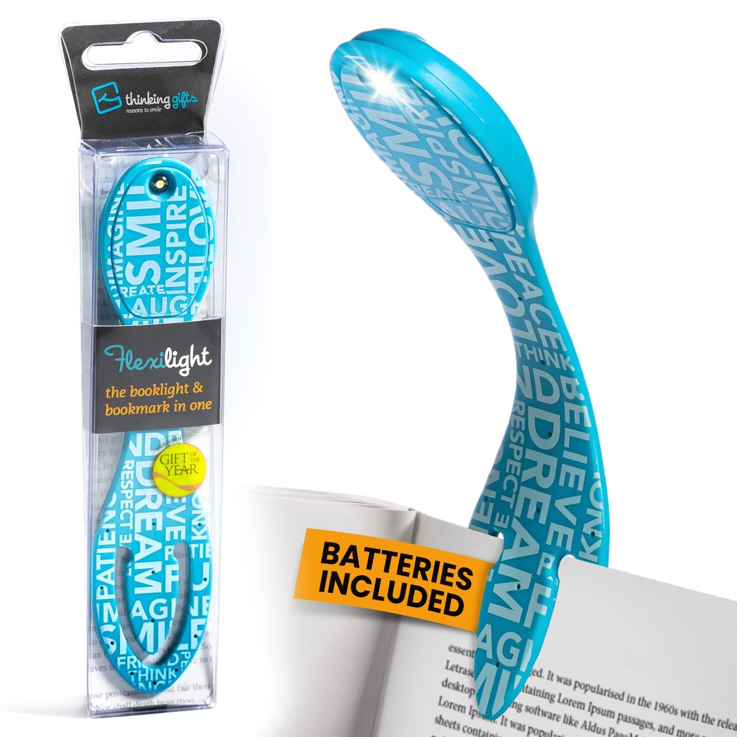 Gifts for Readers & Writers Flexilight Reading Light | LED Clip-On Bookmark Lamp | Battery Operated | Blue Words