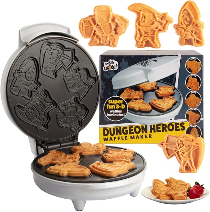 Dungeon Heroes Electric Mini Waffle Maker- Eat Wizards Fighters Clerics for Holiday Breakfast Fun- Novelty Pancakes in Minutes, Non-Stick Fantasy Dragon for Tabletop Gamers- Great Waffler Xmas Gift