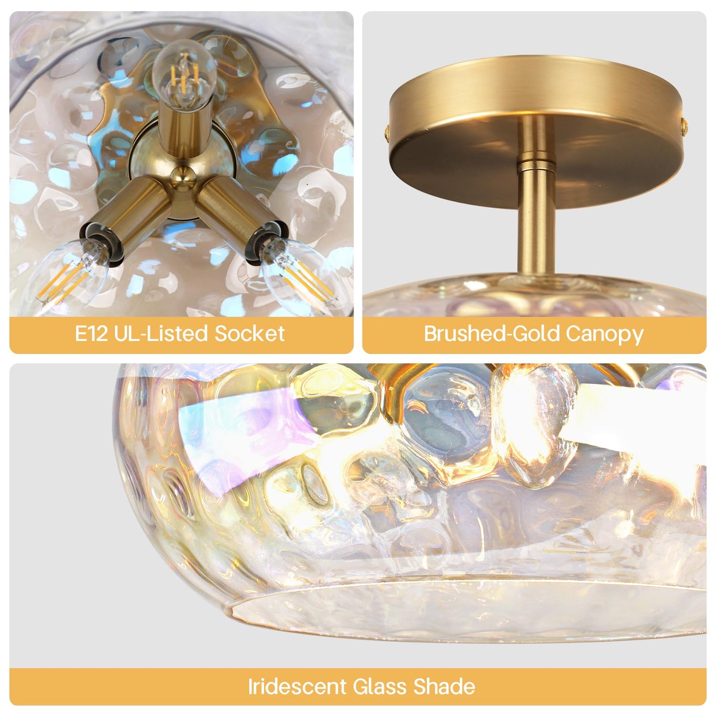 Clarsyne 12 Iridescent Rainbow Hammered Glass Ceiling Light  3-Light Semi Flush Mount Fixture  Modern Gold Lighting For Bedroom  Hallway  Kitchen  Dining Room  Living Room  Foyer