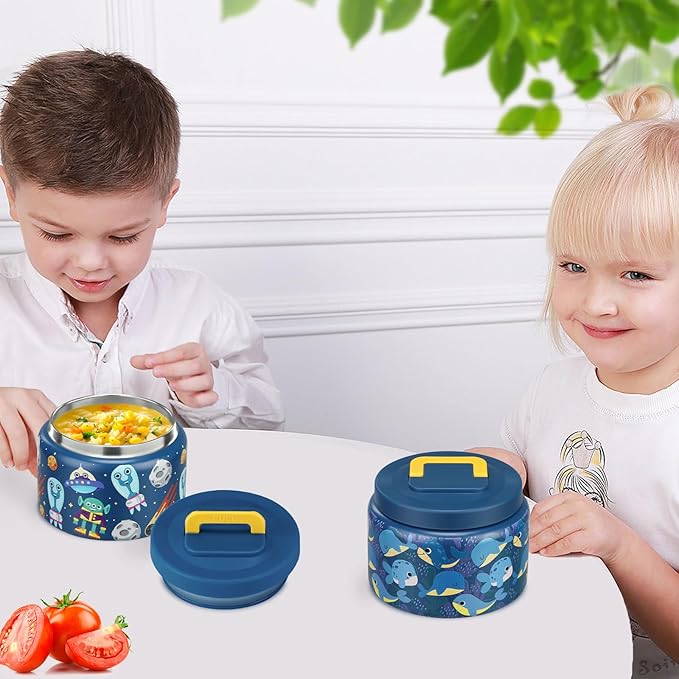 PIQUEBAR 8oz Kids Thermo for Hot Food,Small Lunch Thermos Food Container Stainless Steel,Easy Open Wide Mouth Thermo for Hot Cold Food for Preschool Travel (Blue Whale)