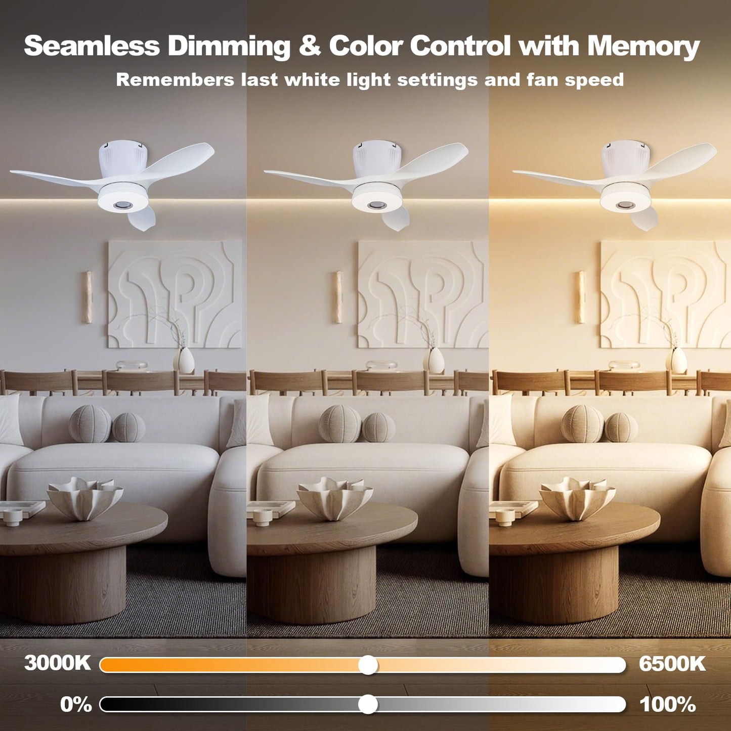 WVMNQO RGB Ceiling Fan with Bluetooth Speaker, 21in Low Profile, Dimmable Light, White, Model LEC016R