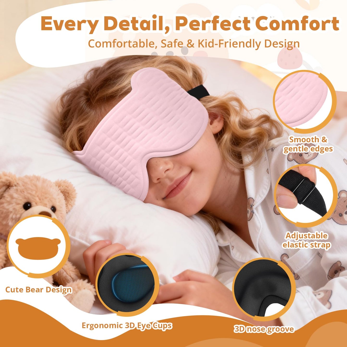 3D Kids Sleep Mask – Cute Bear Eye Mask for Sleeping, Comfortable Memory Foam Sleep Mask for Kids, Adjustable Strap and Lightweight Sleeping Mask for Boys Girls Teens Ages 5-15 (Light Pink)