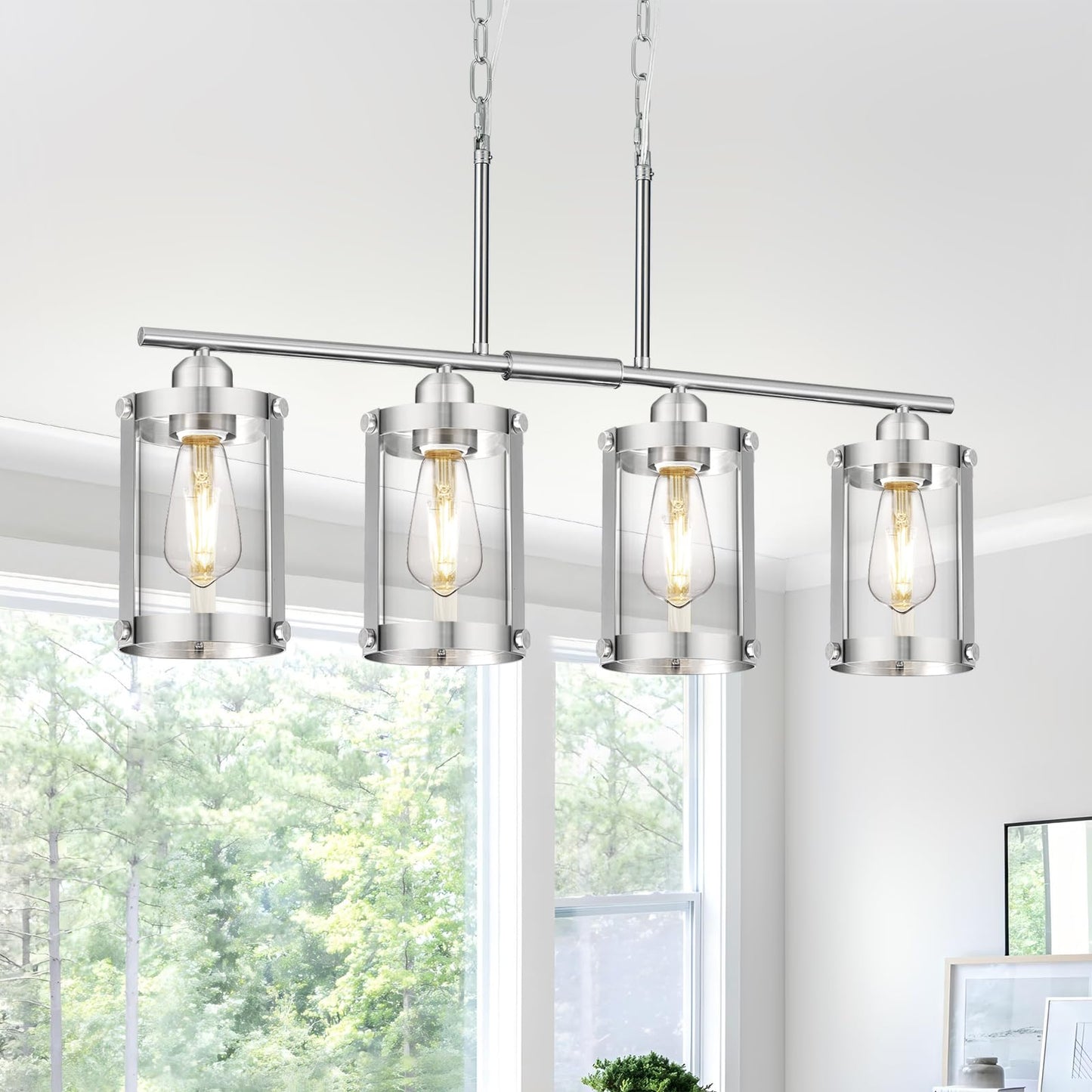 Osimir 4-Light Kitchen Island Lighting  Brushed Nickel Linear Dining Room Light Fixtures With Clear Glass  Modern Industrial Chandelier Pendant Light For Kitchen Island Dining Room  Os-3014-4Isbn