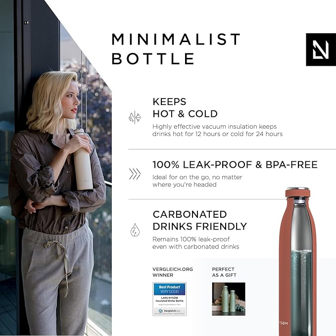 LARS NYSØM Stainless Steel Insulated Water Bottle 12oz 17oz 25oz 34oz 51oz | BPA-free Insulated Thermo Flask for Hot and Cold Beverages | Leakproof Drinking Bottle (Brick Red, 25oz)