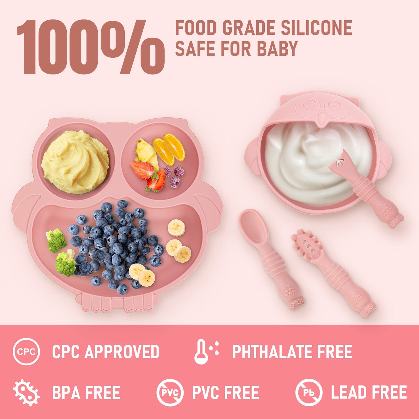 Bnditeu Baby Weaning Set - Silicone Toddler Feeding Set (10 Pcs) with Adjustable Bib, Suction Bowl, Plate, Fork, Spoon, Water & Snack Cup Kit - Baby Led Weaning Kit