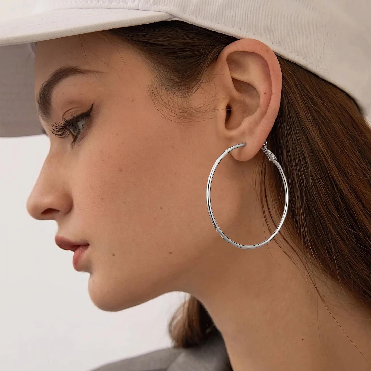 Gacimy Large Hoop Earrings for Women 14K White Gold Plated, 925 Sterling Silver Post Hoops for Women, 50mm Silver Tone Big Earri