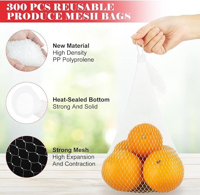 300 Pcs White Reusable Mesh Produce Bags, 20 Inch Seafood Boil Bags for Crab with 300 Loop Closures, Onion Potato Storage Net Bag for Vegetables Fruits Seafood