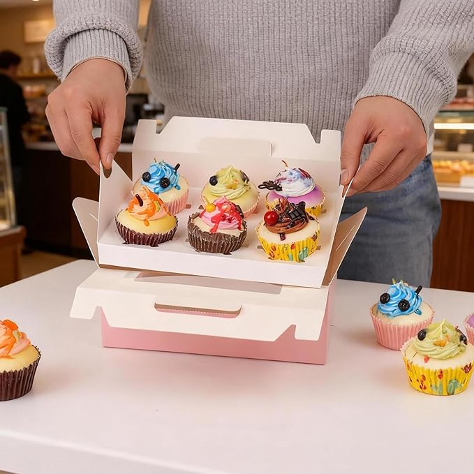 FORBFAN 50 Pcs Cupcake Boxes with Handles, 6 Count Muffin Boxes with Window, and Inserts, Cupcake Holders Bakery Carrier Boxes for Cookies Treats Dessert