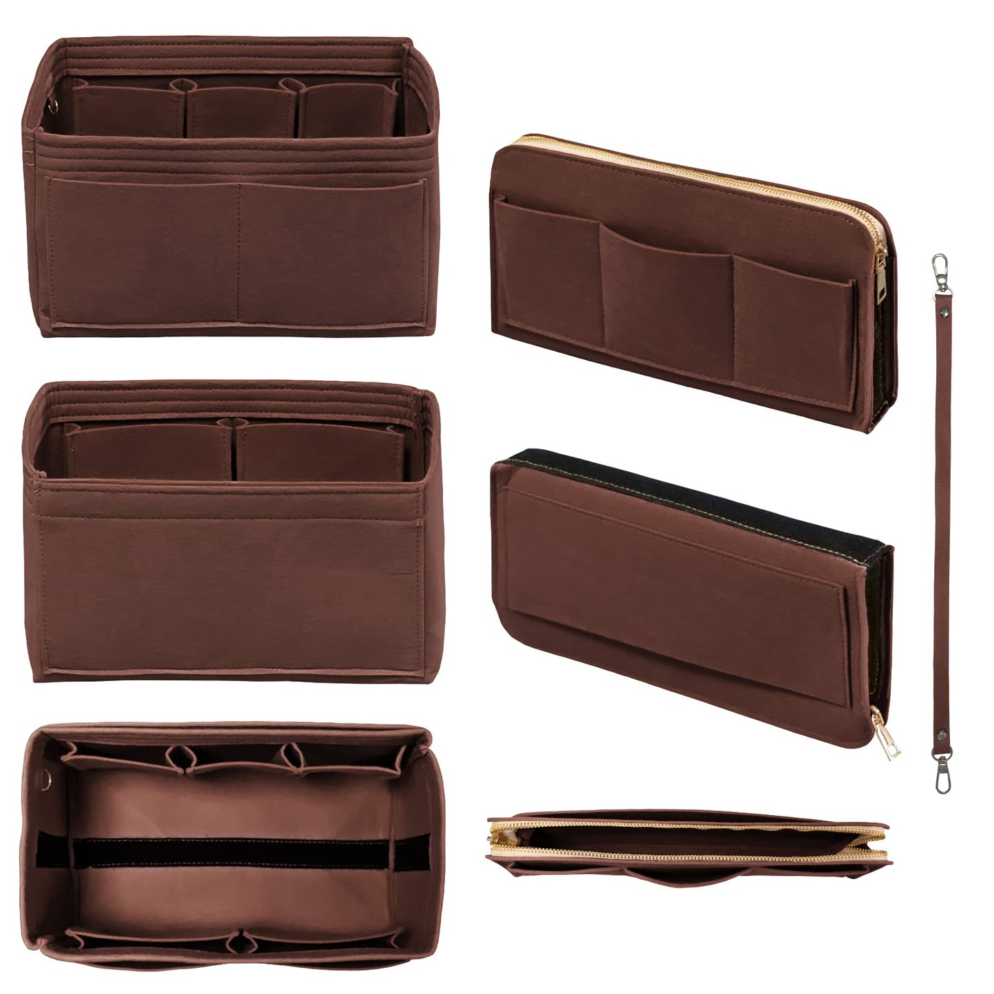 DailyPlus Felt Bag Organizer Insert with Zipper and Key Chain for Tote Purse - Brown Small