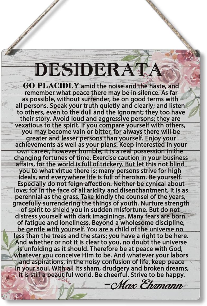 Qious Inspirational Signs Gift Farmhouse Desiderata Go Placidly Amid the Noise and the Haste Wooden Hanging Sign Rustic Wall Art Home Living Room Decoration 10 x 8 Inches