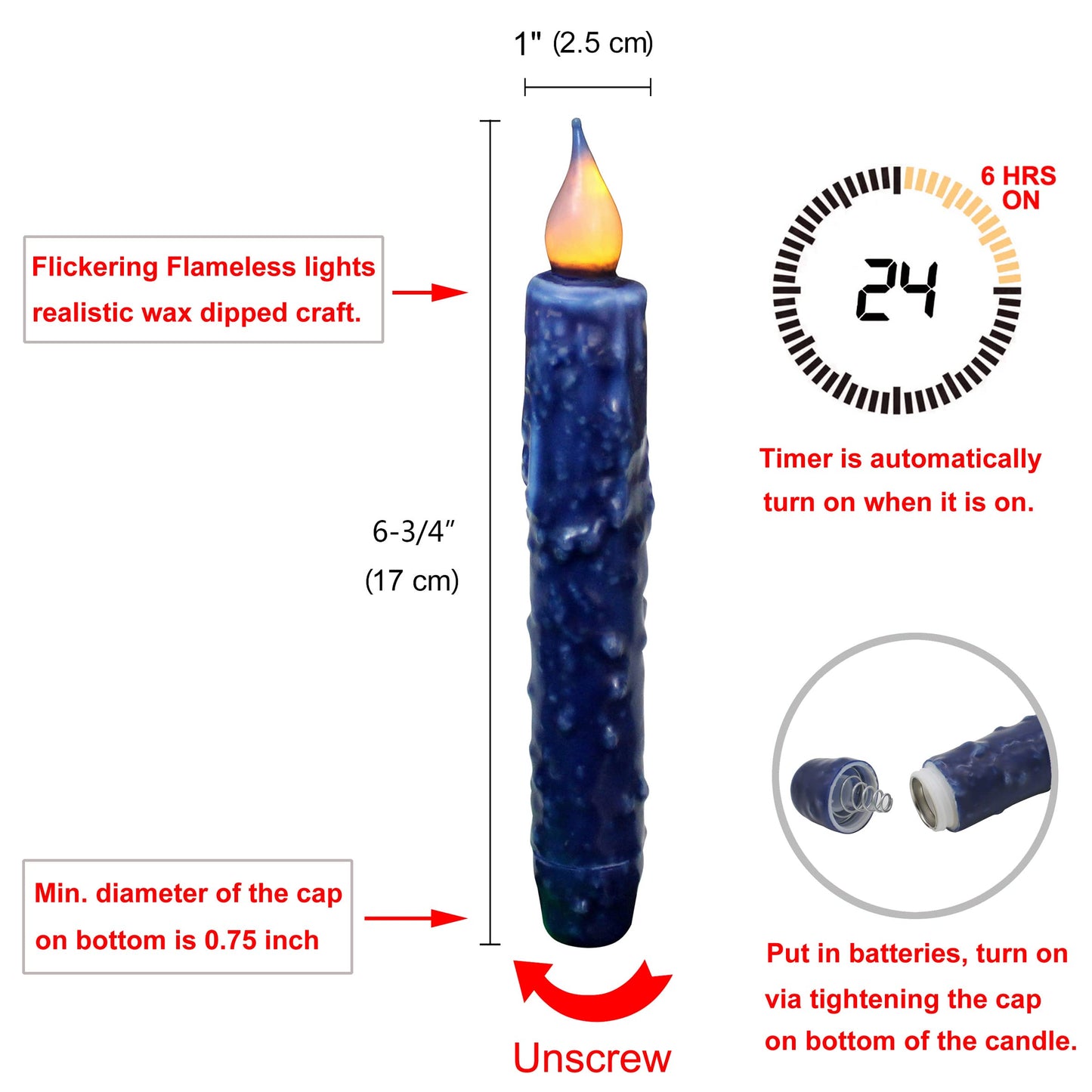 CVHOMEDECO. Real Wax Hand Dipped Battery Operated LED Timer Taper Candles Rustic Primitive Flameless Lights Decor, 6-3/4 Inch, Navy Blue, 6 PCS in a Package