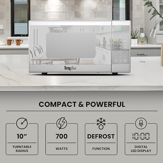 Total Chef 0.7 Cu Ft Microwave Oven - Countertop Small Kitchen Appliance, Stainless Steel Microwave with Digital Touch, Pre-Set Functions, 10” Turntable, 700 Watt