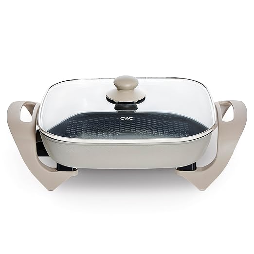 COOK WITH COLOR Electric Skillet - 12" x 12" Ceramic Nonstick Pan, PFAS-Free, 1400W, Tempered Glass Lid, Variable Temperature, Removable Heating Probe, Cool-Touch Handles, Sand