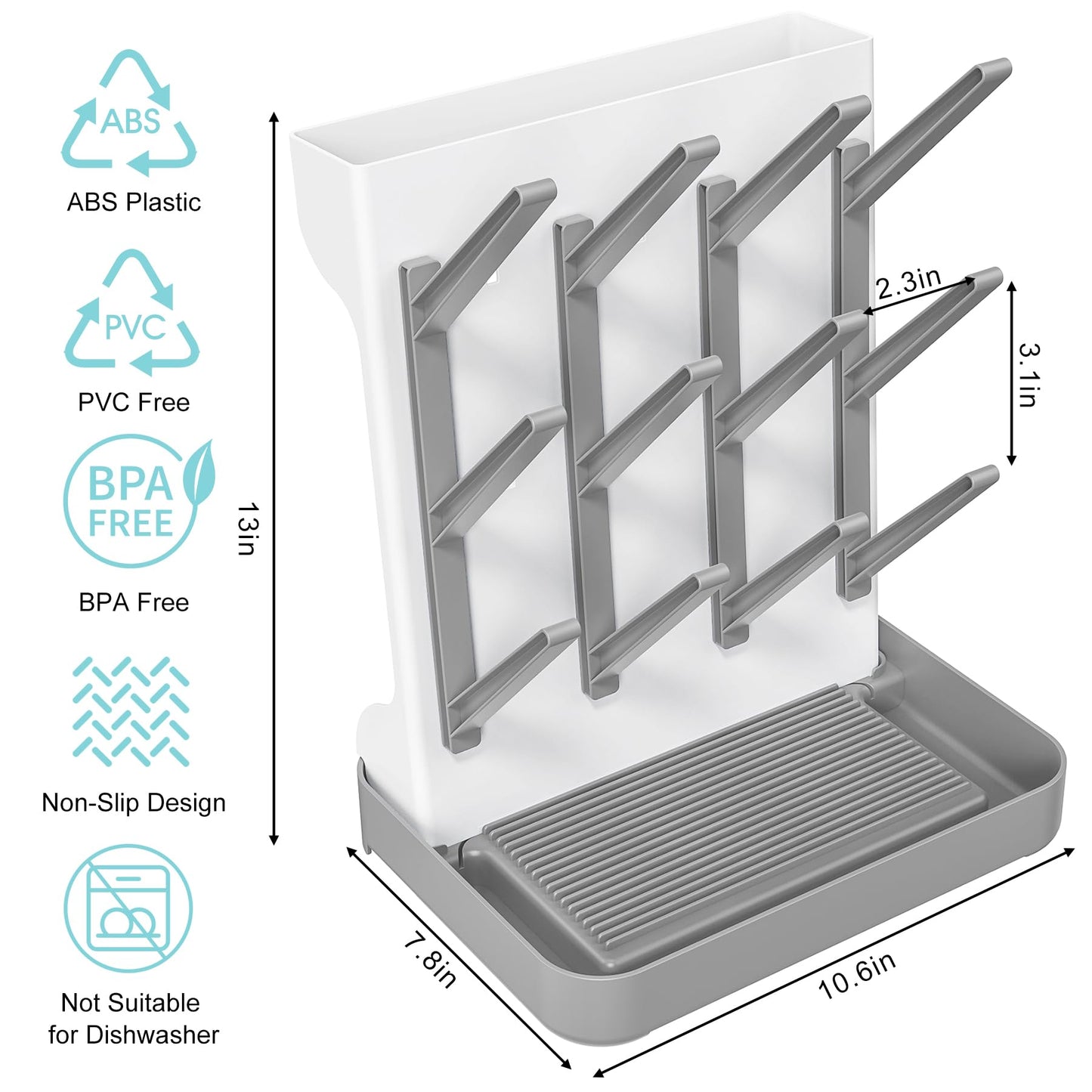 Baby Bottle Drying Rack, Vertical Bottle Dryer Holder Space Saving Standing Bottle Drying Rack for Countertop Kitchen Organize Bottles & Baby Accessories Brushes Pacifiers and Pump Part (Grey)