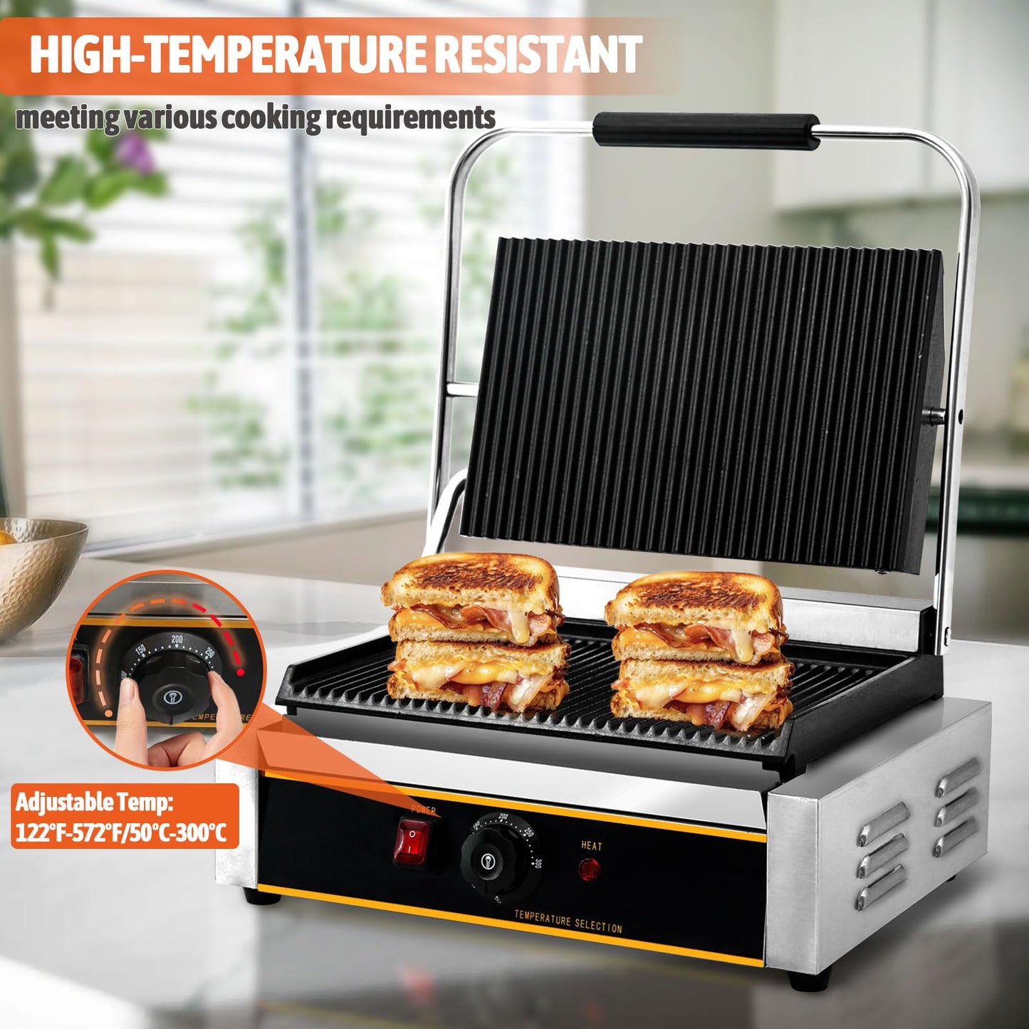 Yingyunvo Commercial Panini Press Grill 2200W Countertop Electric Sandwich Maker with Adjustable Temp Control, Nonstick Coating, Grooved Plates Grill, for Burgers Steaks Panini
