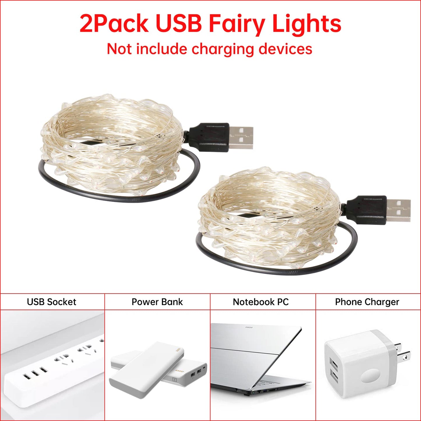 Blingstar Usb Powered 33Ft Red Fairy Lights - 100 Led Silver Wire String Lights For Halloween & Christmas Decoration, 2 Pack