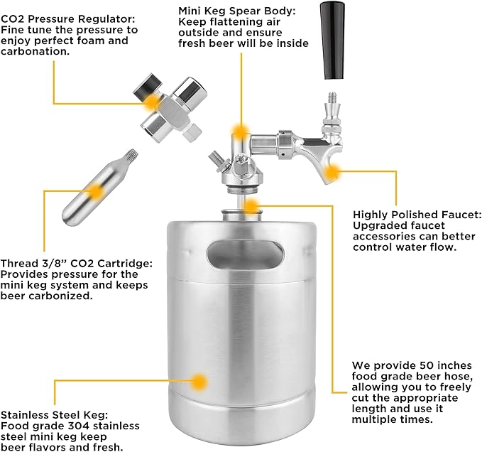 64OZ Mini Keg Growler, Pressurized Home Dispenser System with Self-Closing Design Faucet Keeps Carbonation and Fresh for Homebrew, Craft and Draft Beer