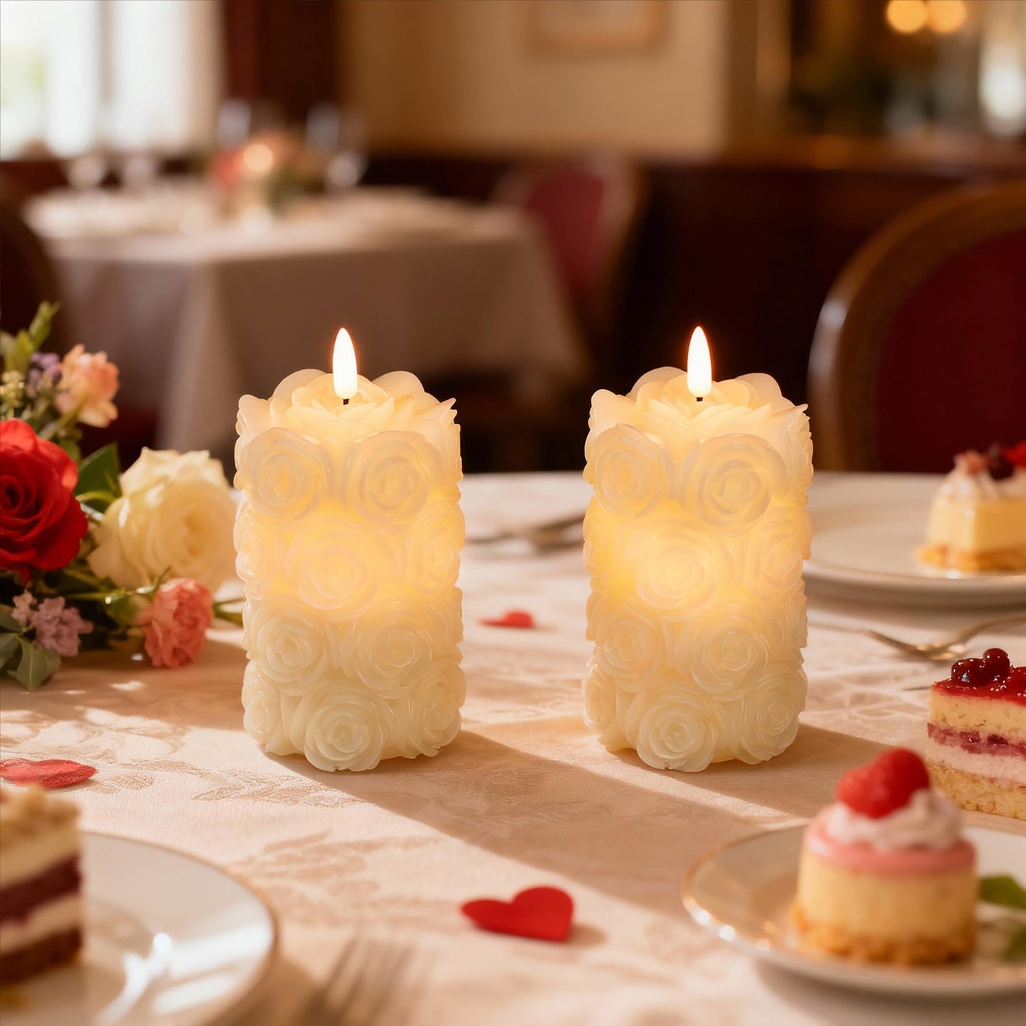 LUSHARBOR Rose Flameless Candles with Remote, Battery Operated Candles Rose Flower for Valentine's Day LED Pillar Candles Battery Powered for Mother’s Day & Weddings, Set of 2 Ivory