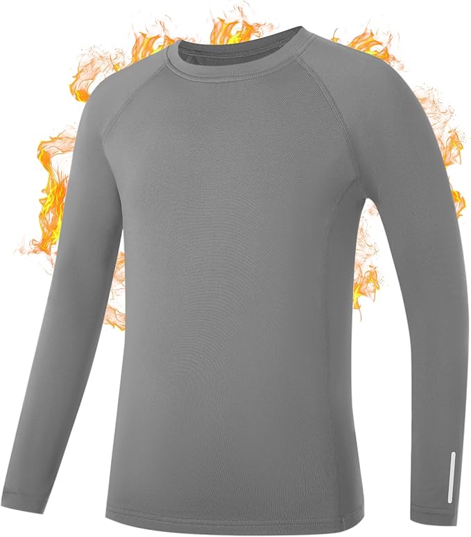 RIKUAOU Youth Boys Thermal Compression Shirts, Fleece Lined Long Sleeve Undershirt, Athletic Base Layer Top Soccer Football