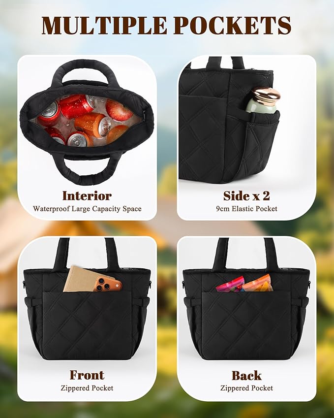 Insulated Lunch Box for Women Men, Soft & Puffy Lunch Bag, Large Capacity Leakproof Reusable Tote Cooler Bag with 4 Pockets, Adjustable Strap, Ideal for Work, Outdoors, Picnic, Travel (Black)