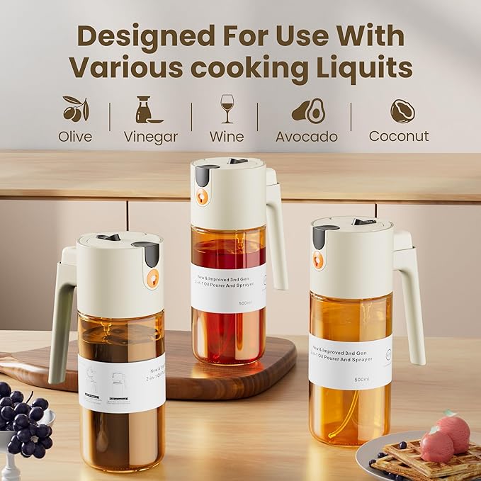 Upgrade 2 in 1 Oil Sprayer for Cooking, Olive Oil Dispenser Bottle for Kitchen Gadgets with Stickers, 17oz/500ml Food Grade Light-Blocking Glass Spray Bottle for Salad, Air Fryer, BBQ