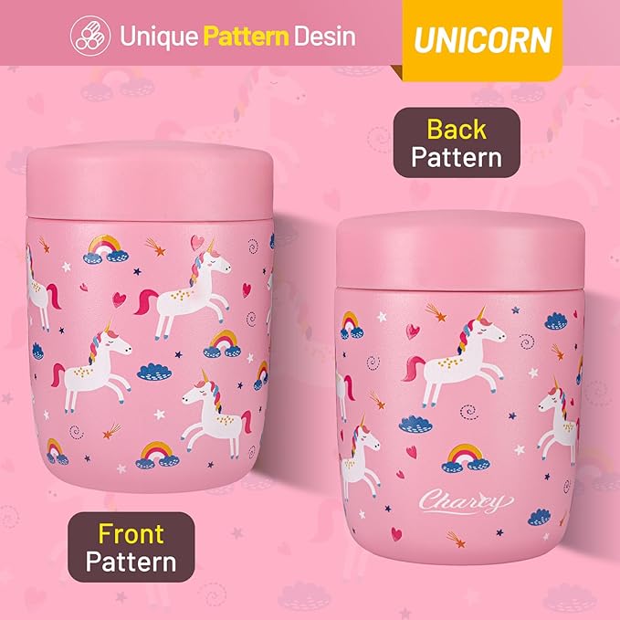 Charcy 9oz Stainless Steel Vacuum Insulated Kids Food Jar - Soup Thermo for Hot & Cold Food - Pink Unicorn W