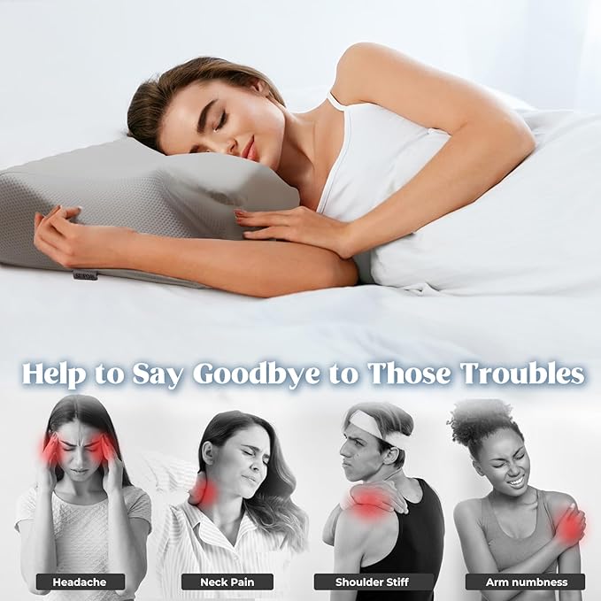 Cervical Pillow for Neck Pain Relief, Cooling Contour Memory Foam Pillows Support Odorless Ergonomic Neck Pillow Adjustable Orthopedic Bed Pillow for Side Back Stomach Sleeper with Pillowcase Grey