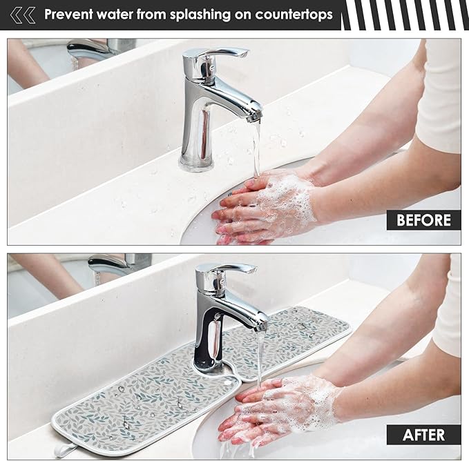 Kitchen Faucet Absorbent Mat,Green Gray Leaf Water Splash Guard for Sink, Faucet Drip Catcher Thicken Sponge Microfiber Faucet Water Catcher Mat Sink Absorbent Mat for Kitchen 30x5in 2 Pack