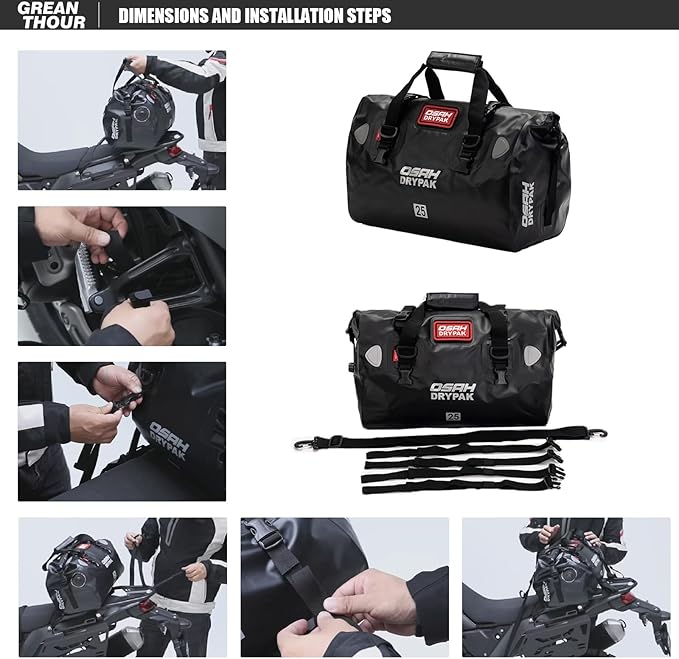Motorcycle Dry Bag - Waterproof Motorcycle Duffle & Luggage Tail Bag Saddle Bags with Roll Top Closure, Large Storage Space，for Motorcycle Back Seat(Jungle, 25L)