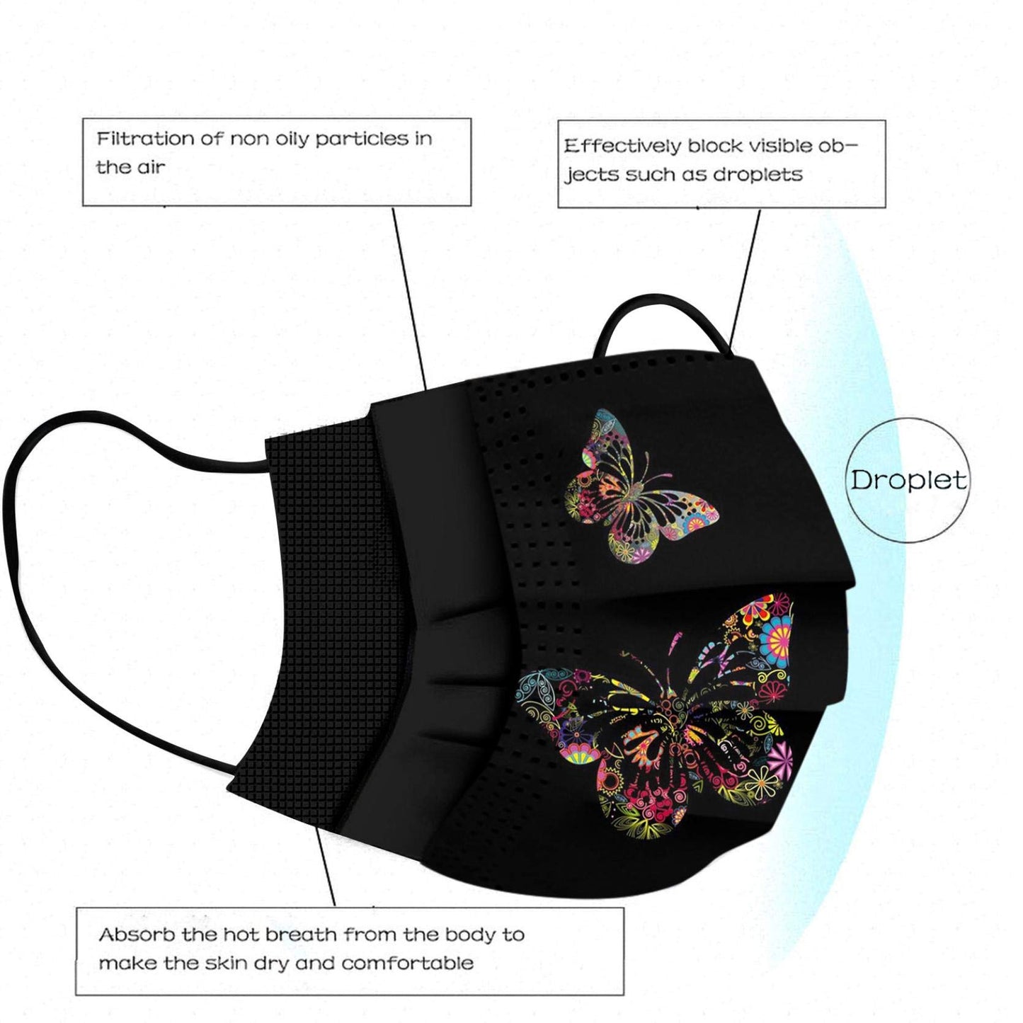 YOMEESOUL 50pcs Black Disposable Face Masks, Masks with Butterfly Printed, 3-Ply Full Protection for Women Men Teen Girls