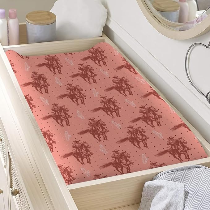 Pink Western Cowboy Cactus Baby Changing Pad Covers Vintage Cowboy Horse Changing Table Sheets for Boy Girl Retro West Plants Soft Breathable Stretch Diaper Change Table Pad Mats Covers 32''x16''