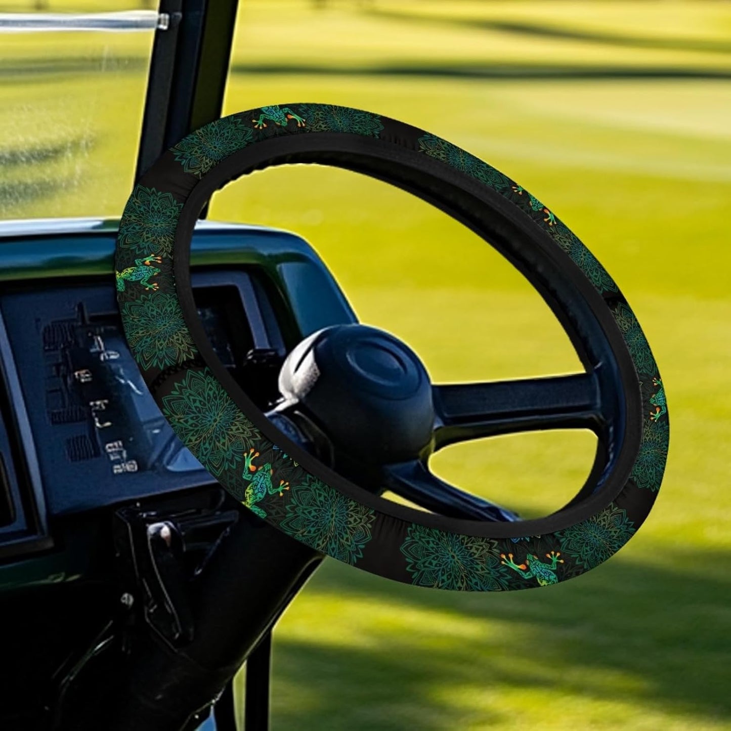 Frog Golf Cart Steering Wheel Cover Anti Slip Club Car Steering Wheel Covers Green Boho Flowers Golf Cart Accessories Sun Reflective Protection