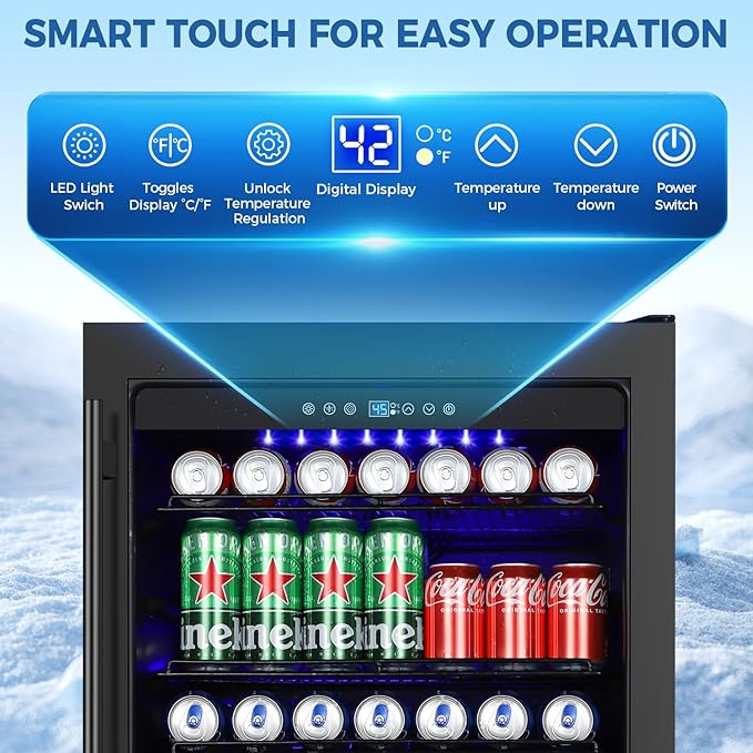 24 Inch Wide Beverage Refrigerator, Under Counter Beverage Cooler with Glass Door, 180 Cans Drink Fridge Built-in/Freestanding Beer Fridge with Powerful Cooling for Home/Kitchen, Black