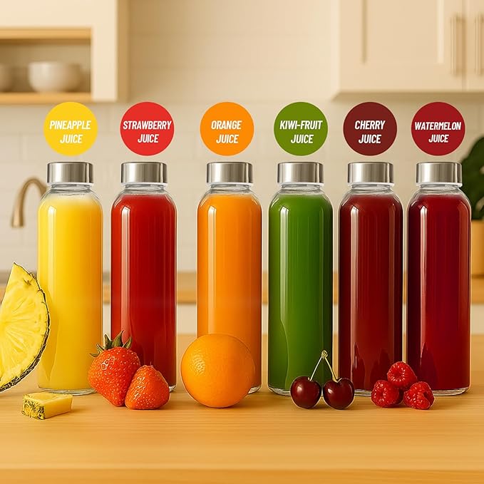 Clear Glass Bottles with Lids 18 oz, Reusable Glass Water Bottles with Stainless Steel Cap for Juicing, Refrigerator,100% Leak Proof, BPA Free, Juice Water Bottle Set of 6