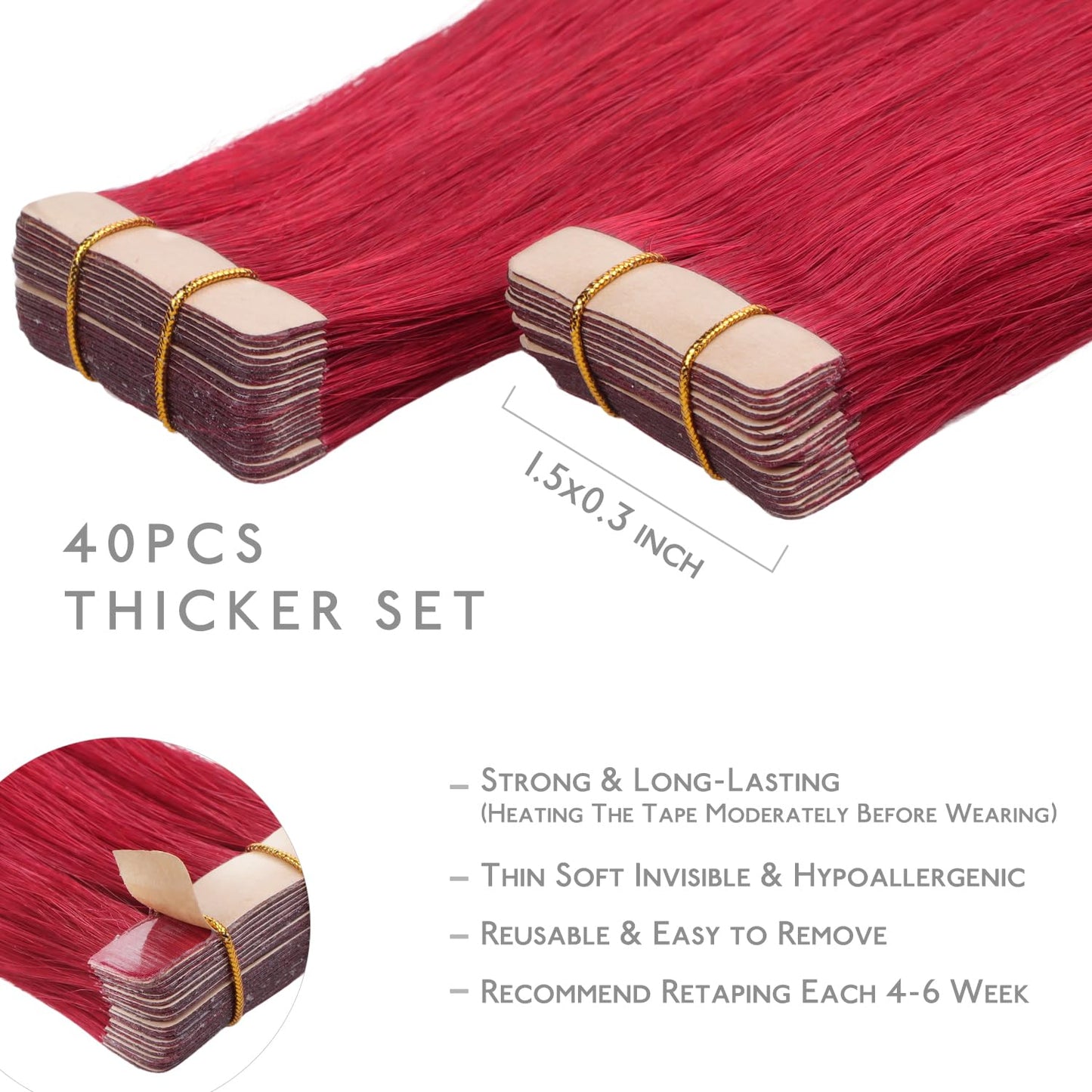 WENNALIFE Tape in Hair Extensions Human Hair, 40pcs 100g 24 inch Red Hair Extensions Real Human Hair Straight Tape in Extensions