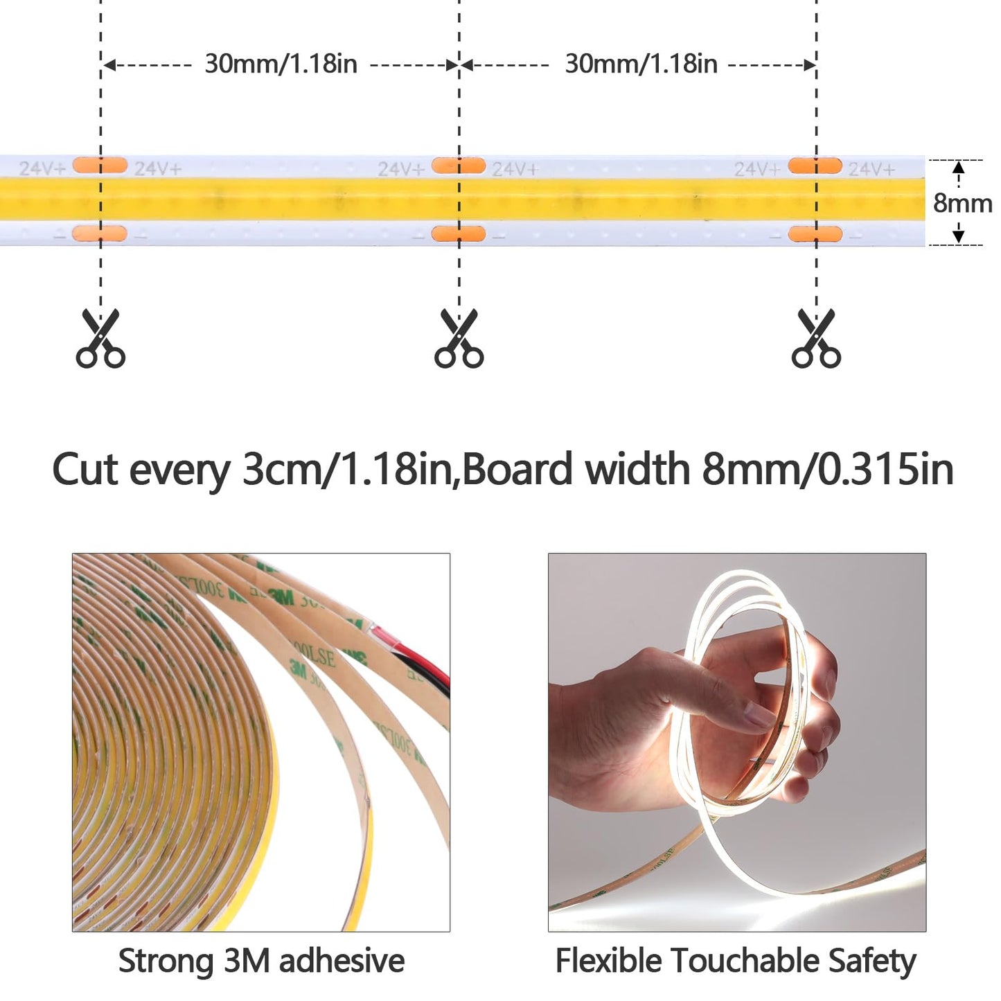 KXZM 49.2ft/15M DC 24V COB LED Strip Light Cool White 6000K 5760LEDs CRI 93+ 11000lm Uniform Glow IP20 Not Waterproof Flexible LED Tape Lights for DIY Cabinet Bedroom Home Decor(No Power Supply)