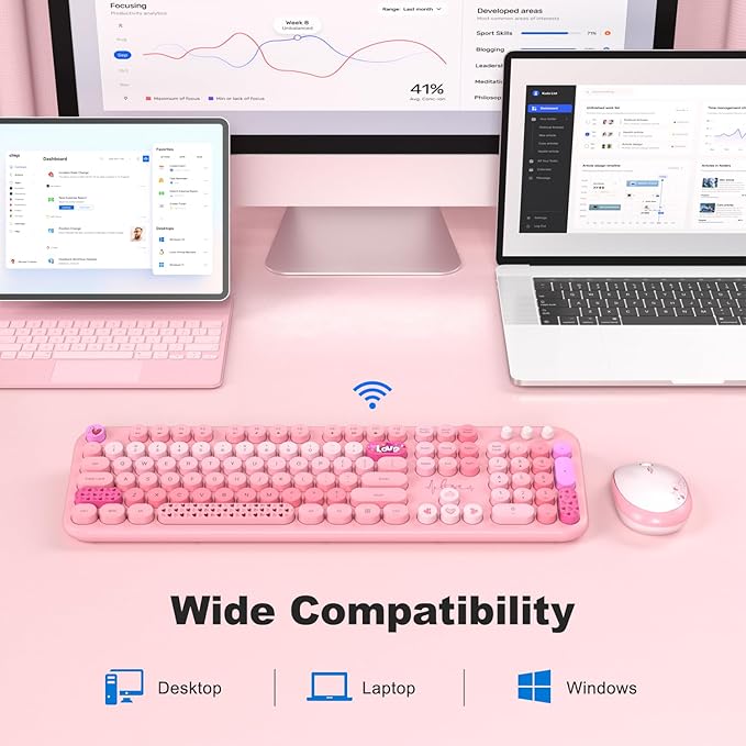 MOFII Wireless Keyboard and Mouse Combo, 2.4GHz Retro Typewriter Keyboard Full Size, Quiet Click Mouse for PC, Laptop, Desktop, Computer, Windows (Pale Pink)