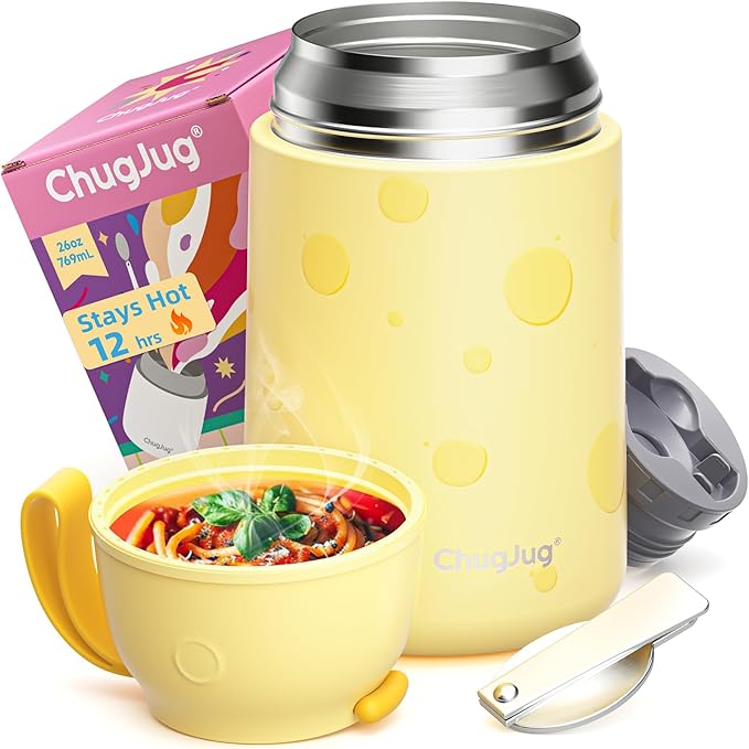 Thermo for Hot Food for Adults Kids | Wide Mouth, 26 oz Insulated Food Jar with Spoon, Leakproof Soup Thermo for School Office Travel, Thermal Steel Lunch Container Easy to Carry (Yellow)