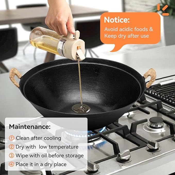 WANGYUANJI 13.4 Inch Cast Iron Wok with Wooden Lid and Iron Spatula, Flat Bottom Double-Handle Chinese Stir Fry Pan, Uncoated Cast Iron Wok for Induction, Gas and Electric Stoves