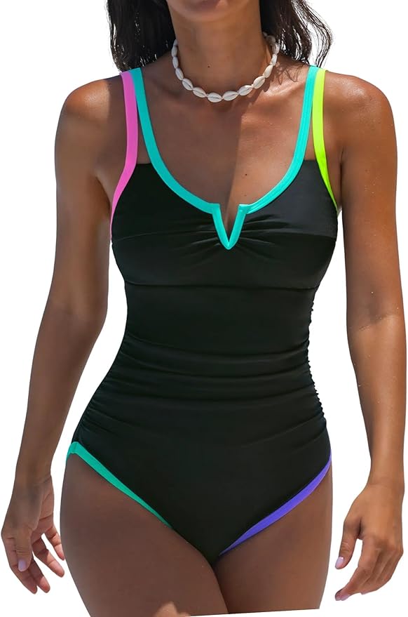 popvil One Piece Swimsuits Women 2026 Tummy Control - Modest Bathing Suit Shapewear Swimwear Retro Neon Swim Suit