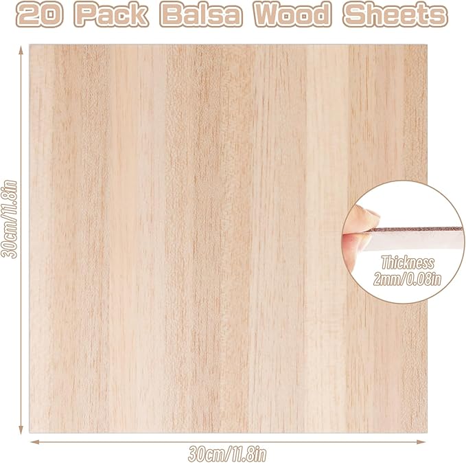 CertBuy 20 Pack Balsa Wood, 11.8”x11.8” Balsa Wood Sheet, 2 mm Thin Natural Unfinished Wood Boards for Wooden DIY Ornaments, Crafts, Hobby, Model Making, School and Laser Projects（300x300x2MM）