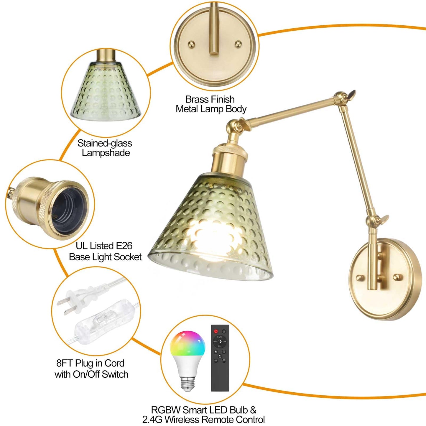 BARSUNS Swing Arm Wall Sconce, Adjustable Brightness, RGBW Bulb with Remote, Gold & Green, Model BS-WL351YG-B