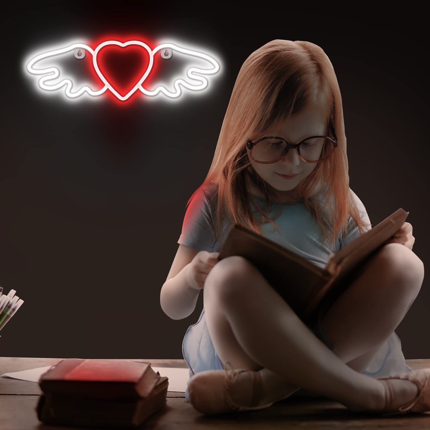 Lumoonosity Neon Heart & Angel Wings Sign - USB Powered LED Light, 14 x 4.5 inches, Angel Heart Red/White, Model NS-Angel Heart