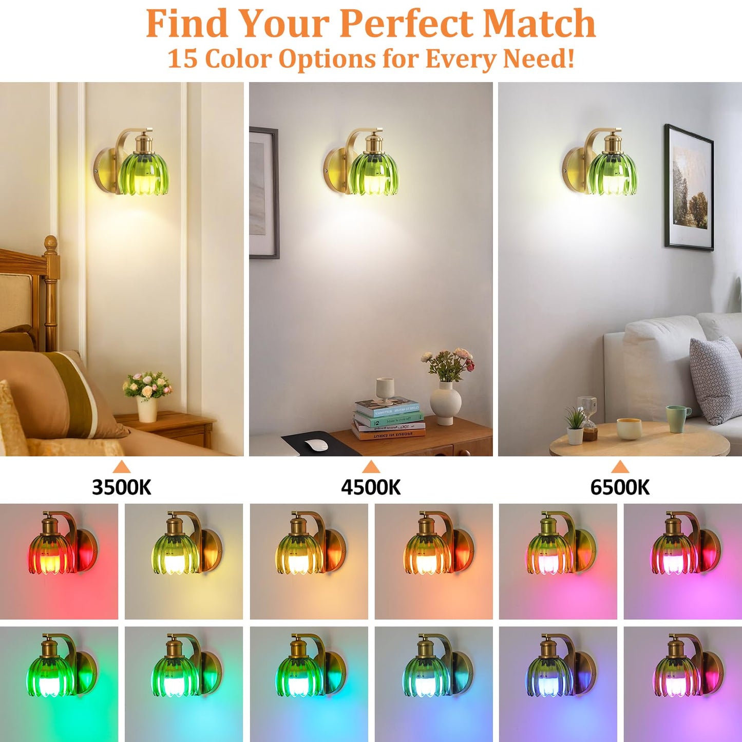 VerRon Rechargeable Wall Sconce Set of Two, Green Glass Lampshade, Wireless, Remote Control, 15 Colors, 2-Pack, Metal, Model B05092P(2PK)