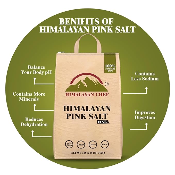 Himalayan Chef Pink Himalayan Salt Extra Fine Grain, 8 lbs Bag - Pure, Natural, Kosher, Non-GMO, Mineral-Rich, for Cooking, Seasoning, Baking, Table Use