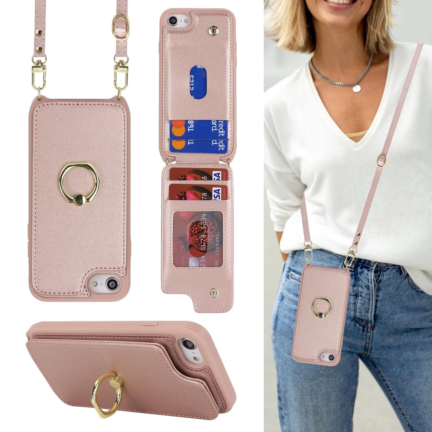 Lipvina For Iphone 7/8/Se 2020/Se 2022 Case With Card Holder And Strap For Women,Crossbody Lanyard,Kickstand Ring Stand,Snap Cla